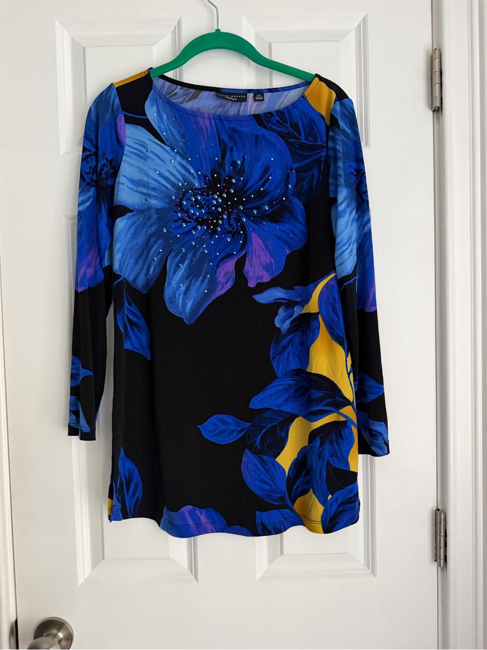 Susan Graver Artisan Tunic Black Blue Yellow Floral Embellished Slinky Knit XXS